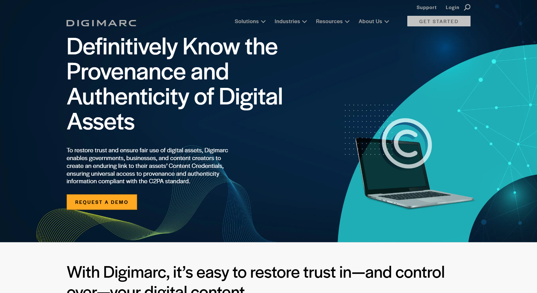Screenshot of Digimarc's digital watermarking product page, showing their enterprise watermarking platform for images, audio, and video