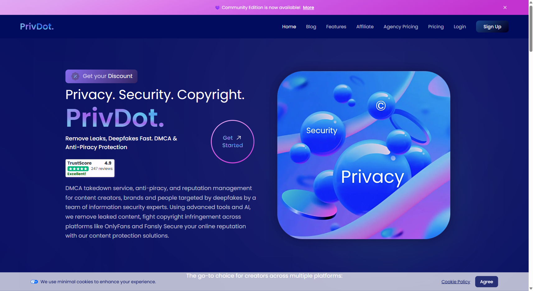 PrivDot homepage — DMCA takedown, deepfake removal, and creator privacy protection service