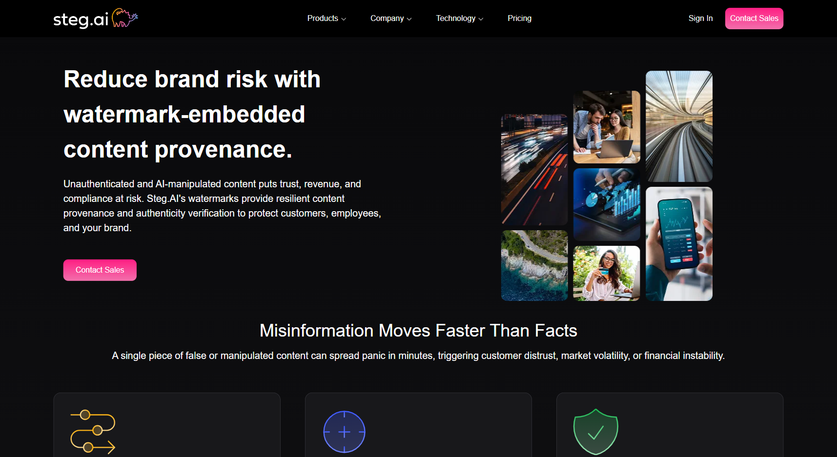 Steg.AI website — an enterprise invisible watermarking platform that competes with SynthID